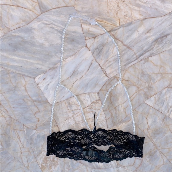 Rene Rofe  Pearl Necklace Bra Small/Medium Black Lace  White Pearl - Picture 9 of 9